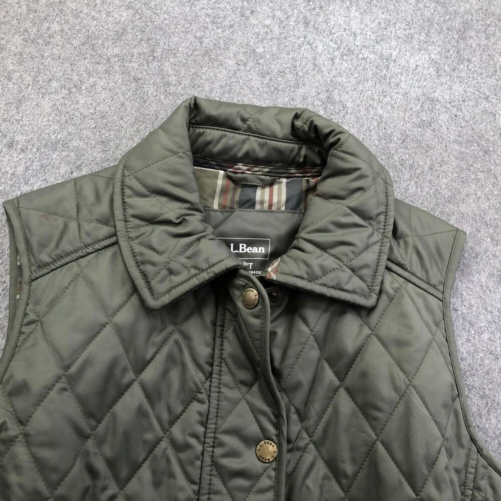 L.L. Bean Vest Womens Small Petite Green Quilted Snap Front Collared Lined Warm - Picture 4 of 9